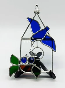 Hand Crafted Tiffany Stained Glass Mother Bird and Babies Suncatcher 7" Vintage - Picture 1 of 10