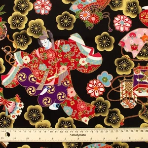 Made in Japan Premium Geisha And Samurai With Sakura Black Half Meter Fabric - Picture 1 of 4