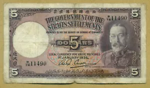 Straits Settlements British Administration 1935. 5 Dollars. Pick 17b - Picture 1 of 2
