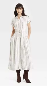 Universal Thread Hemdblusenkleid mit Gürtel Kurzarm Midi gestreift Gr. M Medium NEU - Bild 1 von 5