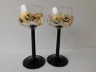 2 BLACK STEMMED HAND PAINTED FLOWERS GOBLETS SIGNED CAC IN FRANCE
