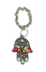 Jewish, Metal Key Chain, Hamsah, Enamel Flowers & Leaves in Red & Green 1.5"T* - Picture 1 of 1