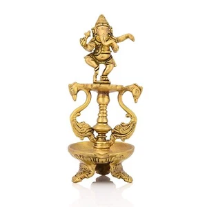 Brass Dancing Ganesha Oil Lamp Diya with Base Hand Crafted Diwali Decor 8 inch - Picture 1 of 3