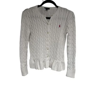 POLO RALPH LAUREN White Cable Knit Cardigan Sweater with Peplum in Size 16 - Picture 1 of 8