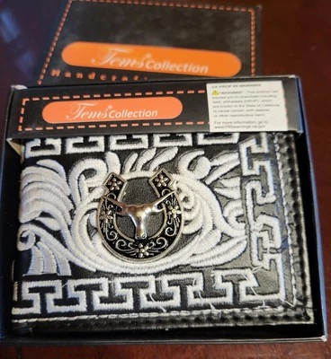 Cartera Western Negra Plegable con Concho Longhorn y Herradura y Bordado Blanco Foto 1 de 4