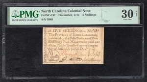 NC-137 DECEMBER, 1771 5s FIVE SHILLINGS NORTH CAROLINA COLONIAL NOTE PMG VF-30 - Picture 1 of 2