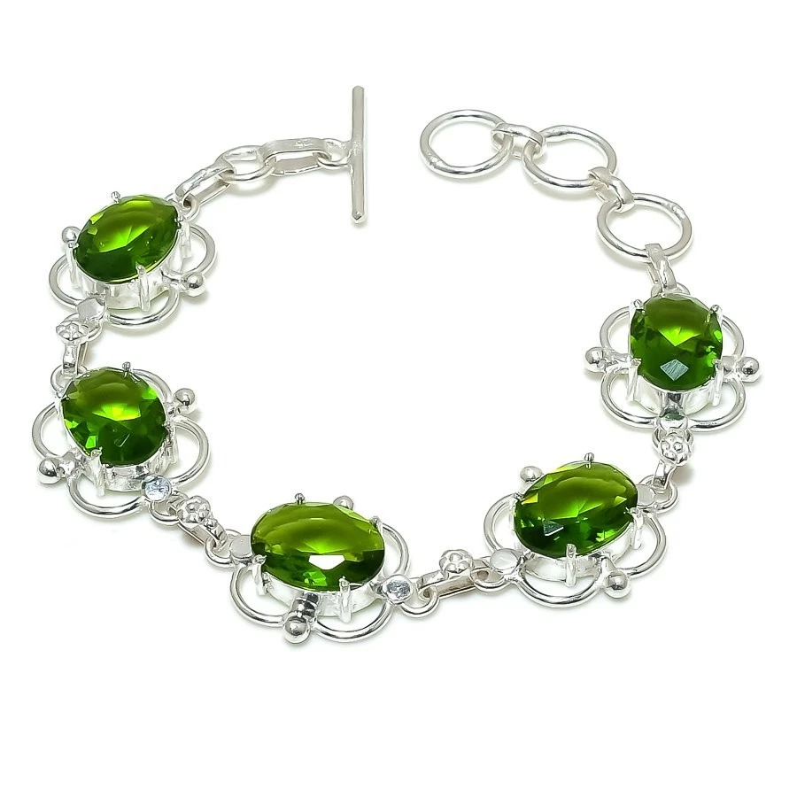 Brazalete Joyería Plata de Ley 925 Hecho a Mano Piedras Preciosas Peridoto Verde Talla 7-8 Foto 1 de 1