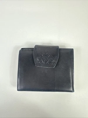 Moeda carteira preta vintage feminina Rolfs couro bovino genuíno trabalhada bi-dobrável - Imagem 1 de 4