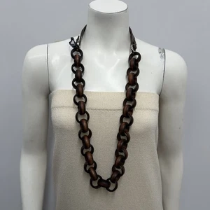 Max Mara Wood Metal & Leather Necklace Brown NWT ART TO WEAR 38" - Picture 1 of 10