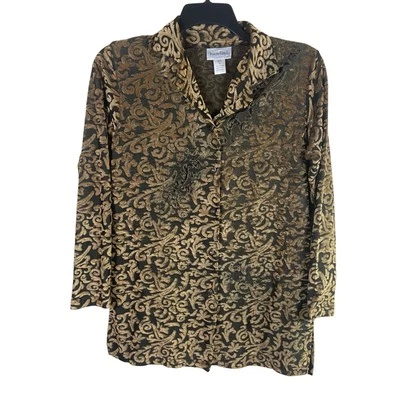 Blusa Diane von Furstenberg Vintage Top Mujer Pequeña Dorada Burnout Terciopelo Botón Foto 1 de 4
