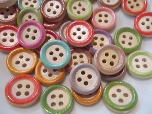 SALE!!! Pack of 10 wood buttons with coloured edges- mixed 15mm with 4 holes - Picture 1 of 1