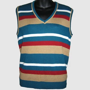 Vtg 1970s Sz L Sweater Vest Striped Teal Rust Tan V Neck Fire Islander USA Made - Picture 1 of 5