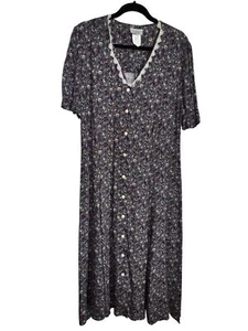 Vintage DBY II Floral Button-Down Midi Dress With Lace Trim Size 16W Cottage - Picture 1 of 6