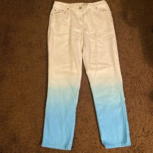 Ruby Rd Blue White Pants Tie Dye Fade 5 Pocket Women 6 Elastic Zipper Wash EUC* - Picture 1 of 11