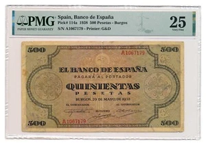 SPAIN banknote 500 Pesetas 1938 PMG grade VF 25 Very Fine RARE !!! - Picture 1 of 2