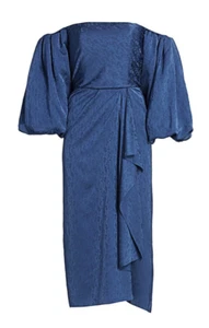 Johanna Ortiz Off Shoulder Midi Evening Dress Size 6 Blue Jacquard Puff Sleeve - Picture 1 of 12
