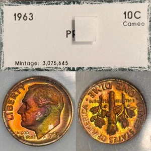 1963 10C Roosevelt Silver Proof Dime - PCI non classificato - cammeo dai toni arcobaleno vivido - Foto 1 di 13