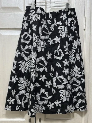 Lafayette 148 New York Size 8 Black Linen White Embroidered A-Line Skirt  - Image 1 of 4