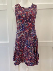 Splendido abito smanicato piccolo rosso blu paisley floreale boho indie rayon - Foto 1 di 10
