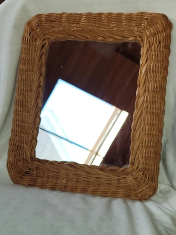 Wicker Mirror Vintage Vertical Mounting Hooks Wall Mirror Natural Wood Frame Cover