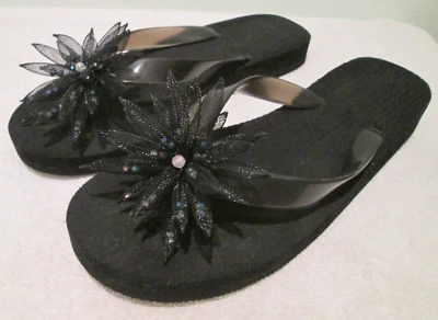 Black Flip Flops w/ Mesh Flowers and Colorful Beaded Petals ~ Women's Size 9 - Image 1 of 4