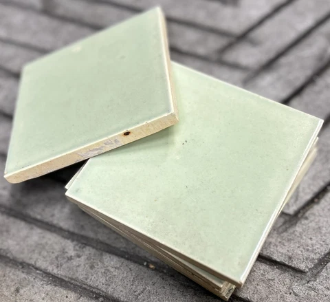 Vintage 1930s “J-196 Pale Green” Mozane Enamel Tiles by Mosaic Tile Co. 4 1/4” Cover