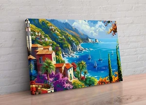 Mediterranean Sea Beach Blue Sea Boats Modern Wall Art Picture Canvas Print - Picture 1 of 2