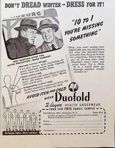 1947 Duofold 2 capas ropa interior de salud vintage años 40 anuncio impreso Don't Dread Winter - Imagen 1 de 1