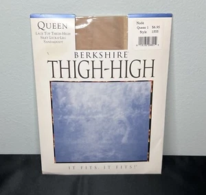 Vtg Berkshire Lace Top Thigh High Silky Leg USA Sandalfoot Nude Beige Sz Queen 1 - Picture 1 of 13