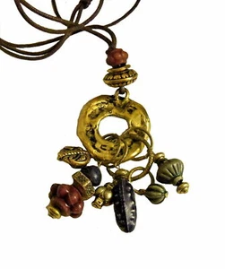 Vintage necklace beads dangle round pendant various sizes shapes brown 32" cord - Picture 1 of 3