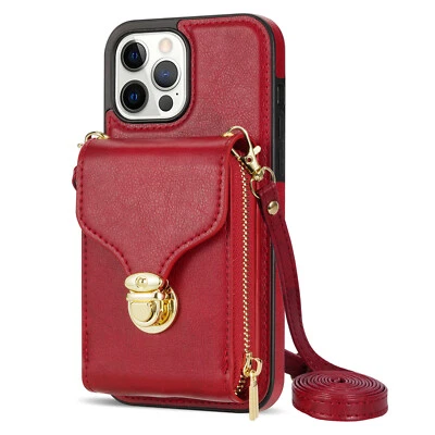 For iPhone 17 Pro Max 16 15 With Crossbody Strap Zipper Wallet Case Slim Cover - Image 1 of 4