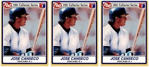 (3) 1991 Post Cereal Baseball #4 Jose Canseco Athletics Baseball Card Lot
