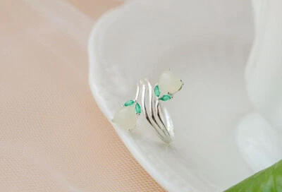 D10 Anello Luminoso Giada Fiore 925 Argento Sterling Misura Regolabile - Immagine 1 di 4