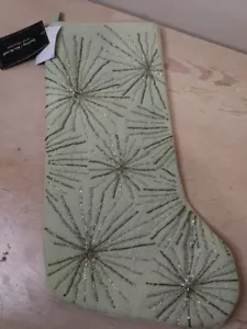 TAHARI Jeweled Starburst CHRISTMAS STOCKING Green Silver Beads NWT 22x8 Inch - Picture 1 of 7