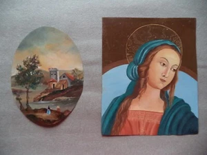 Quadro miniatura tempera su lastra di rame paesaggio con personaggi e Madonna - Foto 1 di 14