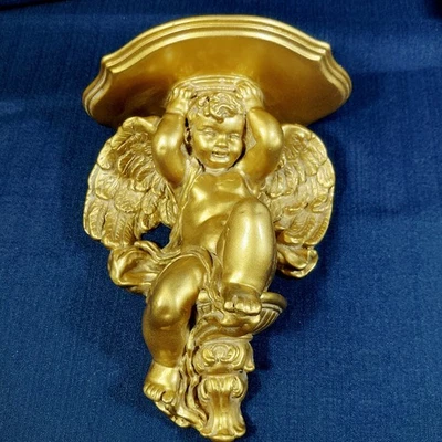 Aplique de pared de querubín de madera tallada y dorada vintage hecho en EE. UU.  Foto 1 de 4