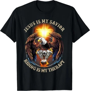 Jesus Is My Savior Riding Is My Therapy Jesus Motorcycle T-Shirt - Picture 1 of 3
