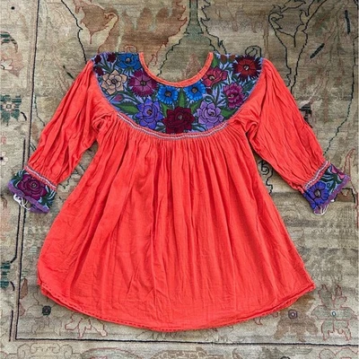 70s Mexican Embroidered Tunic Blouse Red Boho Womens XS/S Vintage - Image 1 of 4