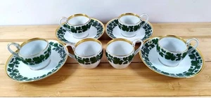 Set Of 4 (+2 Cups) Meissen Green Vine Demitasse coffee cups & saucers Gold Trim - Picture 1 of 4