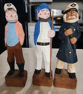 Vintage Hand Carved Wooden Folk Art 12" Sea Figure Lot of 3 Sailor Ship Captain - Picture 1 of 10