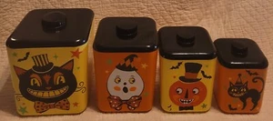 Set barattoli nidificazione plastica giallo e arancione Halloween vintage riutilizzati con decalcomanie - Foto 1 di 15