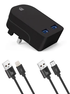 CE FOLDING FAST DUAL 2 PORT USB CHARGER 3 PIN MAINS WALL PLUG IPHONE & MICRO - Picture 1 of 5