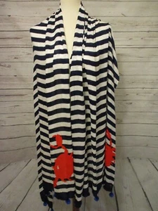 Kate Spade New York Scarf Women's Blue White Striped Red Hanging Crab Oblong * - Picture 1 of 14