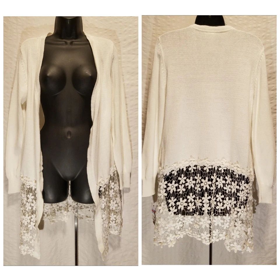 Nueva Colección NY Para Mujer M Mediano Cárdigan Suéter Frente Abierto Borde de Encaje Blanco Foto 1 de 4
