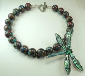 Statement Mosaic Quartz Necklace Abalone Dragonfly Pendant/Brooch Handcrafted - Picture 1 of 1