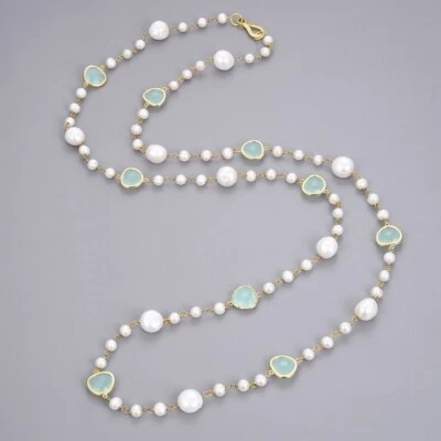 Collar Largo 44" Perla Natural Blanco Barroco Keshi Perla Azul Cristal Dama Regalo Foto 1 de 4