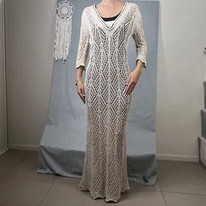 Cecilia Prado Anthropology Crochet Knit Maxi Dress Size M Beige Metallic Boho - Picture 1 of 17