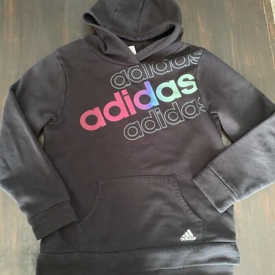 Sudadera con Capucha Adidas Negra Pullover con Bolsillo Canguro Juvenil Talla L 14 Logo Arco Iris Foto 1 de 4