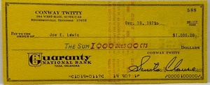 CONWAY TWITTY Signed Autograph Santa Clause Check Paid to Joe Lewis, Bass Player - Picture 1 of 2