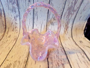 Fenton Pink Irridescent Carnival glass basket Leaf design - Picture 1 of 9